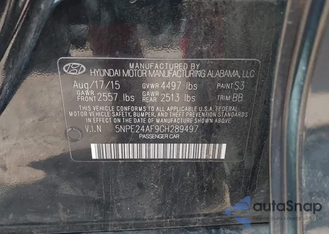 2016 Hyundai Sonata Se z USA, uszkodzony, nr VIN 5NPE24AF9GH289497
